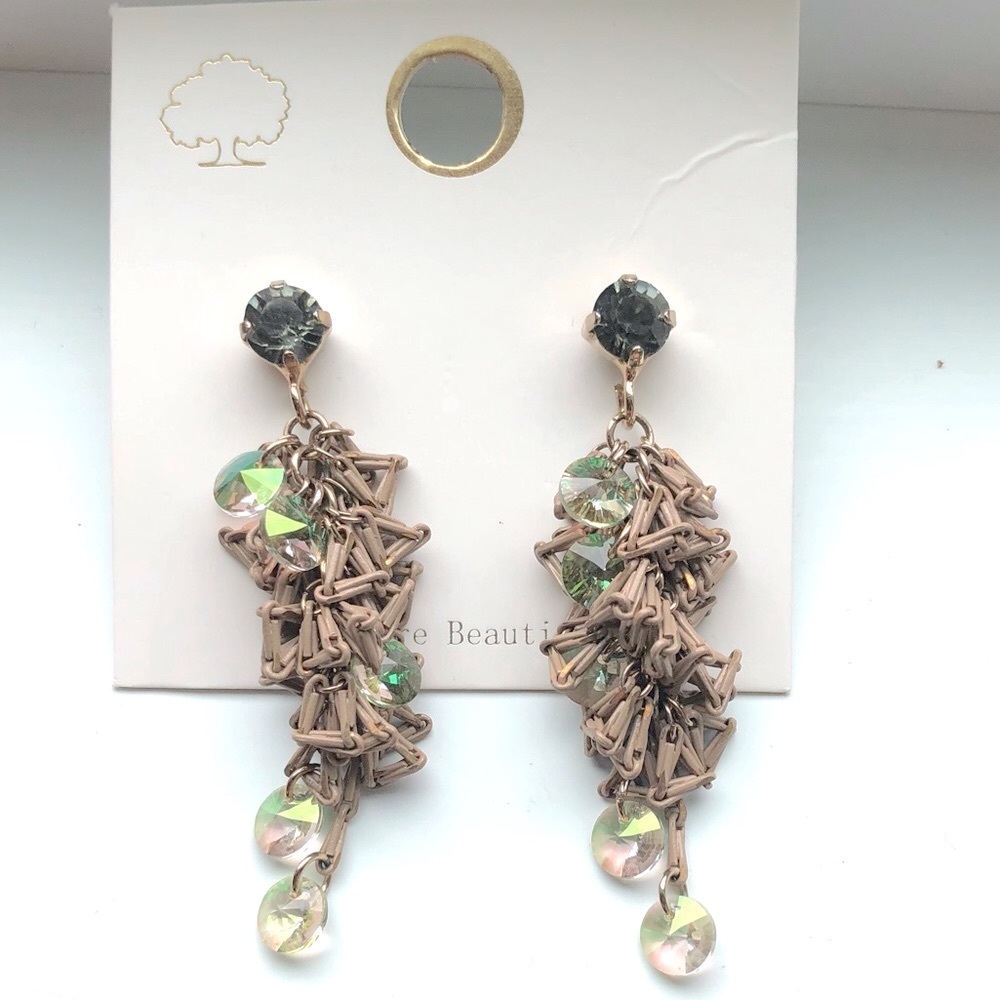 Rhinestone Beaded Chain Link Dangle Statement Earrings Tan & Green AB